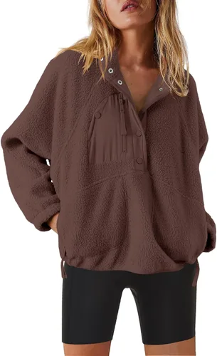 Vista 26 de Nirovien - Chaqueta de forro polar con capucha para mujer, manga larga, sherpa, sudadera mullida, abrigada, con botones y bolsillos Un rosa