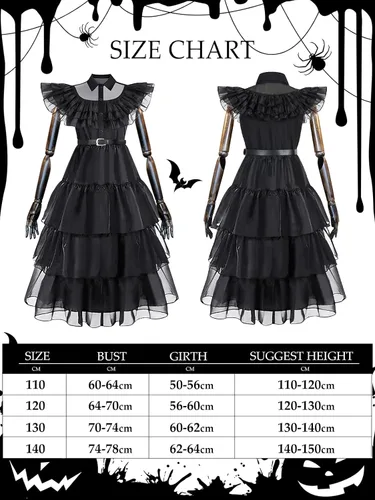 Vista 2 de Wednesday Addams - Disfraz para niñas, disfraz de Addams, disfraz de Halloween, disfraz de Navidad, fiesta