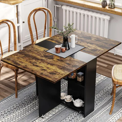 Vista 2 de Mesa de comedor plegable Tiptiper con 6 ruedas, mesa de cocina plegable con estante de almacenamiento de 2 capas, mesa de comedor que ahorra espacio