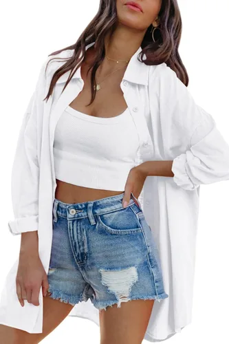 Vista 2 de FSHAOES Camisas de gran tamaño con botones para mujer, estilo casual, sueltas, de manga larga, con solapa, blusas largas con bolsillos