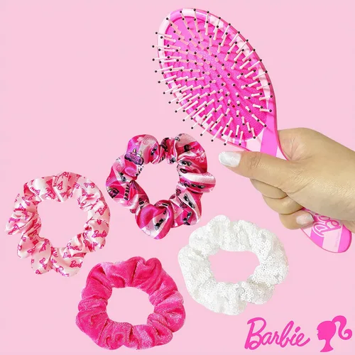 Vista 2 de Barbie - Juego de 5 piezas de accesorios para el cabello, 1 cepillo regular de 9 pulgadas y 4 coleteros, cepillo desenredante, cuerdas elásticas