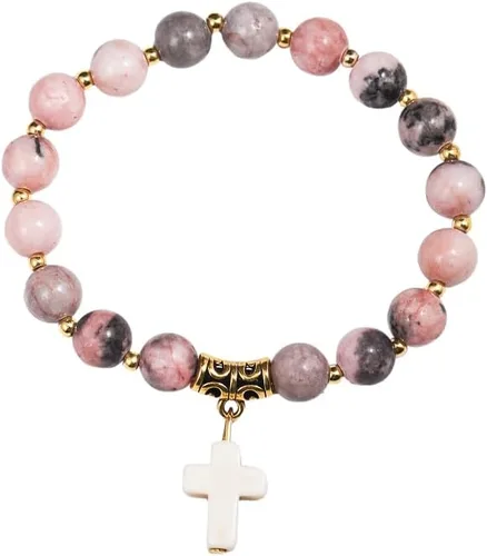 Vista 5 de Regalos cristianos para mujeres, hombres, pulsera elástica de cuentas cruzadas católicas religiosas, regalos de joyería curativa de piedra natural