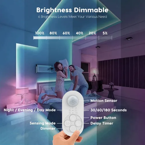 Vista 4 de Luces de Escalera con Doble Sensor para Interiores, Tira de Luz para Escalones Activada por Movimiento Enchufable para Interiores con Atenuador