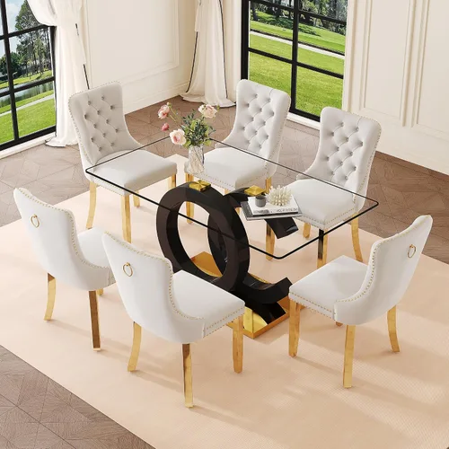 Vista 20 de Ebullient 63" Modern Glass Dining Table Set for 4, Black & Gold 5-Piece Set Glass Table & Beige Chairs