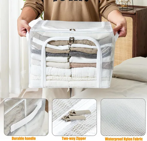 Vista 7 de Contenedores de almacenamiento de ropa apilables transparentes con marco de metal, caja de almacenamiento plegable con tapa, organizador de armario
