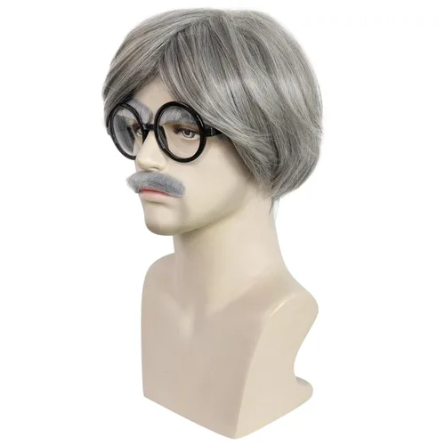 Vista 3 de Anogol Juego de 4 gorras de pelo para hombre viejo, para 100 días de escuela, disfraz de abuelo, peluca corta gris para Halloween, cosplay, fiesta