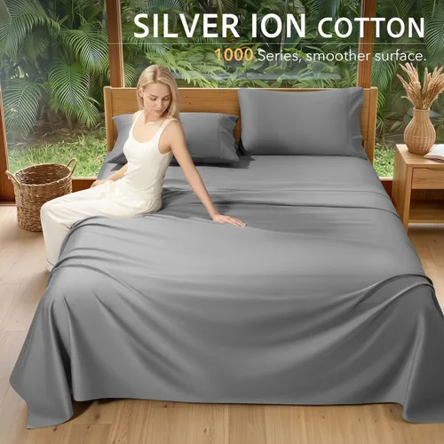 Vista 2 de SONORO KATE Sábanas Queen de algodón con infusión de plata, serie 1000 Gris