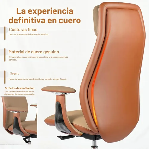 Vista 4 de Silla de oficina ejecutiva de cuero genuino con respaldo alto Marrón