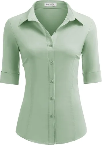 Vista 8 de HOTOUCH Camisas básicas con botones para mujer, manga 3/4, elásticas, con botones, camisa de vestir ajustada para camarera