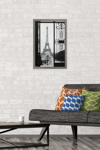 Vista 2 de Trends International Póster de pared de la Torre Eiffel - Puerta VIew, 14.725 x 22.375 pulgadas, versión enmarcada de madera de granero