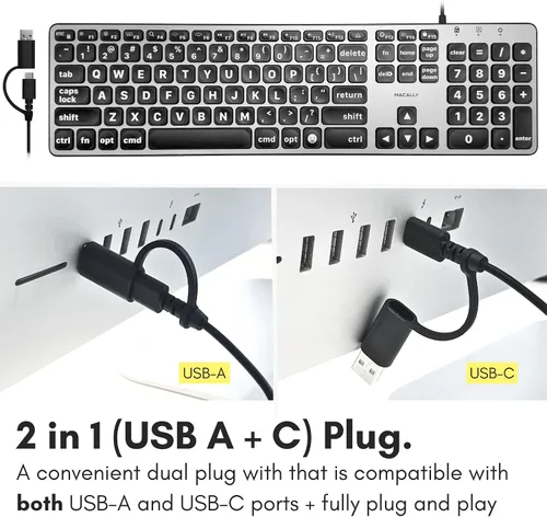 Vista 4 de Teclado con cable Macally para Mac (USB C + A) - Letra grande e retroiluminada para Apple - Teclado USB C de 107 teclas de tamaño completo
