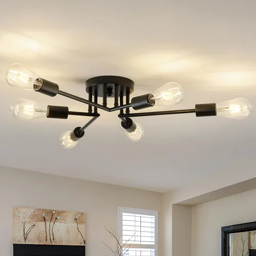 Vista 13 de Accesorio de Lámpara de Techo Industrial Semiempotrada de 4 Luces, Candelabro Sputnik Moderno de Metal Negro con Base de Bombilla E26, Luz Pegada al