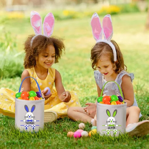Vista 6 de Cestas de Pascua personalizadas, canasta de Pascua de VAPCUFF para niños, regalos de Pascua, bolsas de caza de huevos de Pascua para niñas y niños