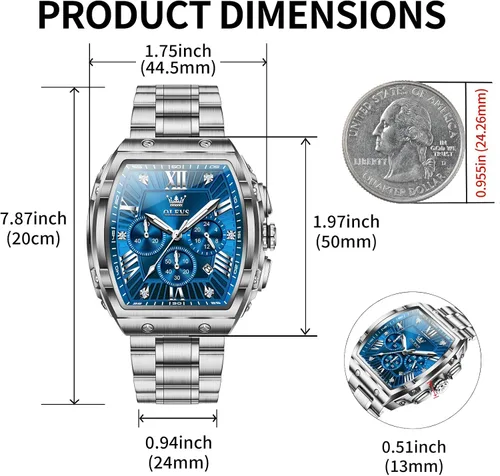 Vista 2 de OLEVS Relojes para Hombres Cronógrafo Impermeable Cara Rectangular Fase Lunar Correa de Acero Inoxidable Relojes de Vestir para Hombres Luminoso