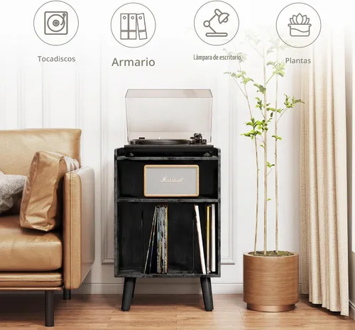 Vista 8 de Soporte para tocadiscos, plataforma giratoria con almacenamiento de discos y estación de carga y puertos USB, mesa para tocadiscos con divisor