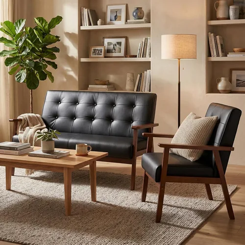 Vista 11 de 51" Black Faux Leather Mid Century Modern Loveseat for Living Room