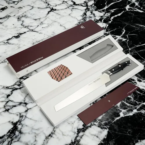 Vista 9 de WICKWILLOW Cuchillo de pan de 10 pulgadas – Acero alemán afilado DIN1.4116 – Cuchillo dentado para rebanar pan casero, masa madre y pastel – Espiga
