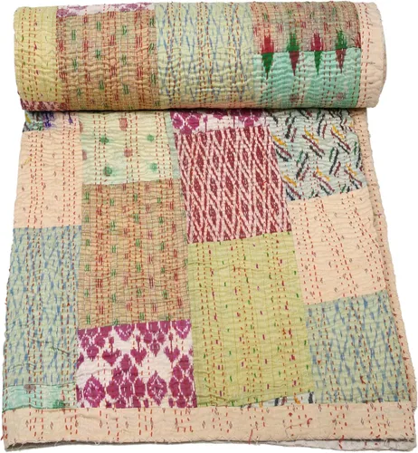 Vista 17 de Marubhumi Colcha india hecha a mano de seda india Sari Kantha acolchado patchwork (negro, individual (60 x 90 pulgadas)