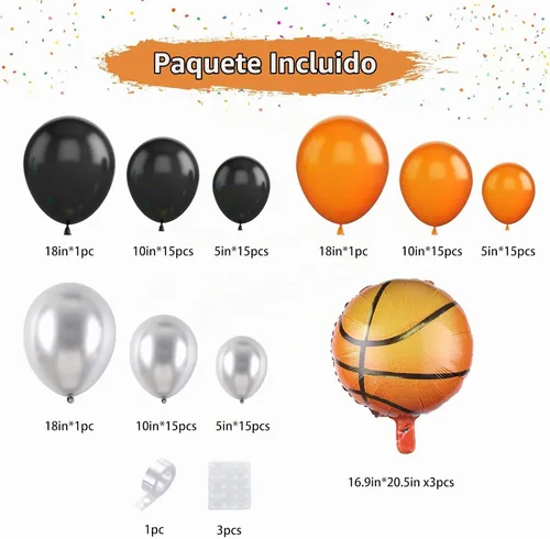 Vista 2 de Kit de guirnalda de globos de baloncesto, globos metálicos naranjas, negros y plateados con globos de papel de aluminio de baloncesto para Rojo Azul