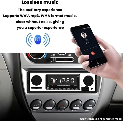 Vista 4 de Estéreo clásico para automóvil con Bluetooth, llamadas manos libres y control de voz, radio FM, reproductor de MP3, puerto USB/SD/AUX, carga rápida