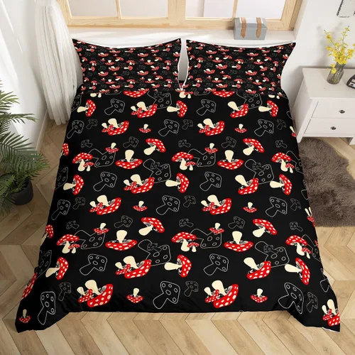 Vista 14 de Juego de funda de edredón con estampado de rana para niños, juego de ropa de cama Kawaii para decoración de habitación, diseño de hongos y rana