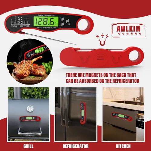 Vista 6 de AWLKIM Termómetro Digital de Carne para Cocinar - Termómetro de Cocina Impermeable IP67 con Retroiluminación y Función de Retención, Termómetro
