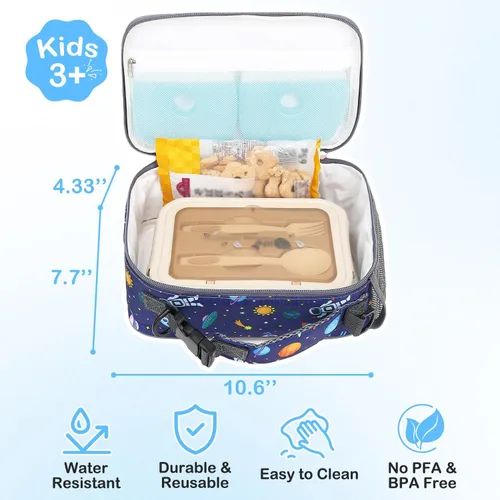 Vista 4 de Flowfly - Lonchera para niños, bolsa escolar aislada duradera con correa de hombro y soporte para botellas, minihielera térmica resistente al agua