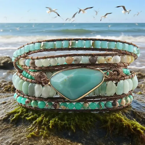 Vista 72 de ZOSOJONA - Pulseras bohemias hechas a mano de piedra natural, que dan vuelta, con cuentas de cristal de turquesa