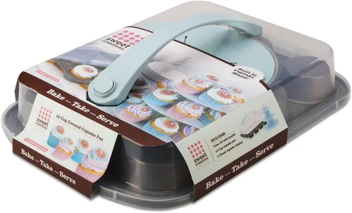 Vista 3 de GoodCook Sweet Creations Bake-Take-Serve - Juego de moldes antiadherentes para cupcakes con soporte escalonado, plata/azul
