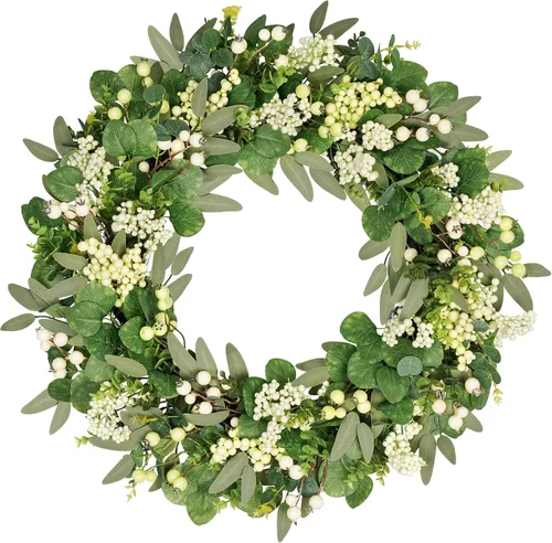 Vista 9 de Vlorart Coronas Artificiales de Primavera y Verano de Navidad de Vegetación Verde para Puerta Delantera Corona de Hojas de Eucalipto Verde