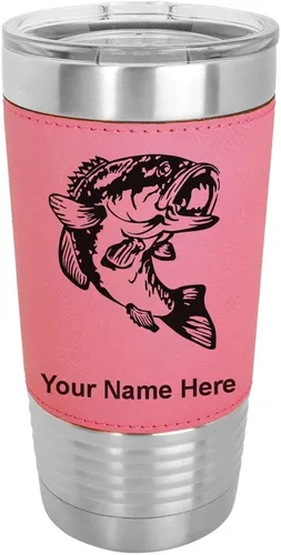 Vista 9 de LaserGram Vaso aislado al vacío de 20 onzas, pez bajo, grabado personalizado incluido (piel sintética, estilo béisbol)