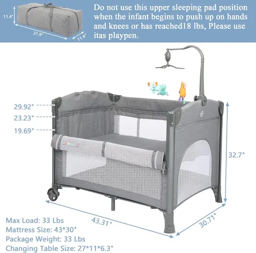 Vista 6 de Joymor Cama de noche para bebé, cambiador, moisés con colchón, cama plegable de viaje, con juguete, ruedas y freno, bolsa de transporte, para niños