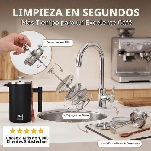 Vista 6 de Barista Warrior - Cafetera de prensa francesa, prensa francesa aislada de acero inoxidable de doble pared con termómetro integrado, cafetera de Negro
