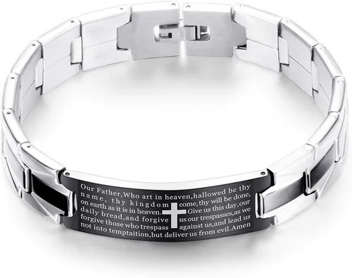 Vista 2 de Reizteko Pulsera de pulsera de eslabones religiosos de acero inoxidable con cruz negra y plata inglesa para hombre