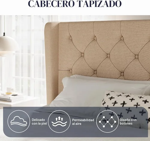 Vista 4 de Allewie Base de cama de tamaño matrimonial con cabecera copetuda con botones en la parte trasera, marco de cama tapizado moderno con soporte