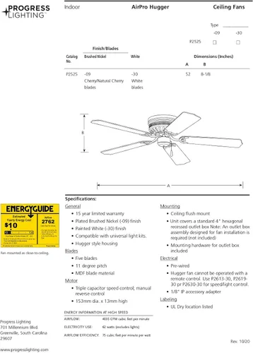 Vista 14 de Progress Lighting AirPro Collection - Ventilador de techo Hugger de 52 pulgadas