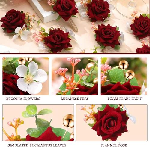 Vista 7 de Sherr Juego de 24 boutonniere burdeos para hombre, diseño de rosa para boda, bolsillo con alfileres, para novio, padrinos de boda, ramillete, traje