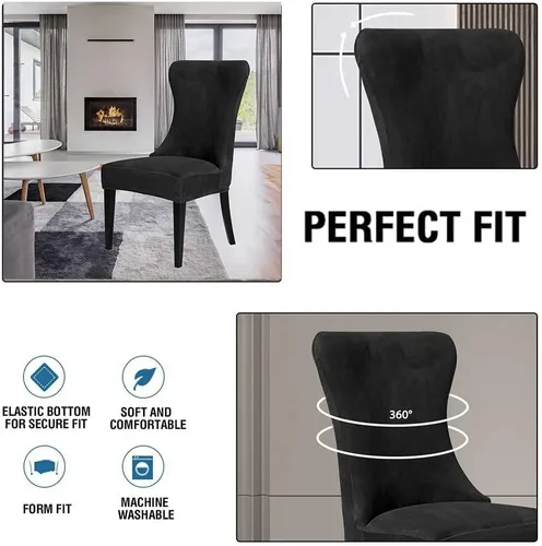 Vista 4 de XMNTG Juego de 4 fundas elásticas de terciopelo negro para silla con respaldo de ala, súper suave, reutilizables, lavables, protectores de silla