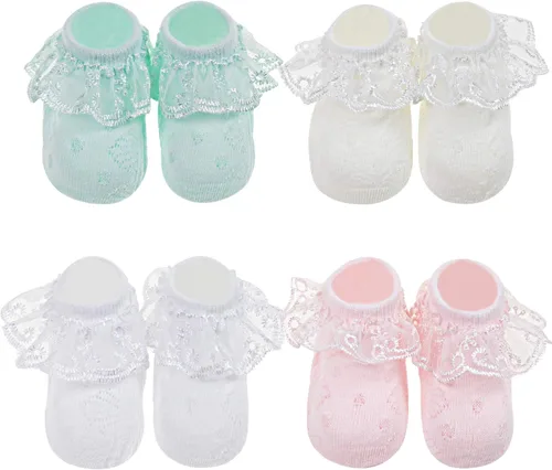 Vista 3 de DRESHOW Calcetines de bebé para niñas con ojales y volantes de encaje, calcetines de vestir para recién nacidosbebésniños pequeñosniños para niña