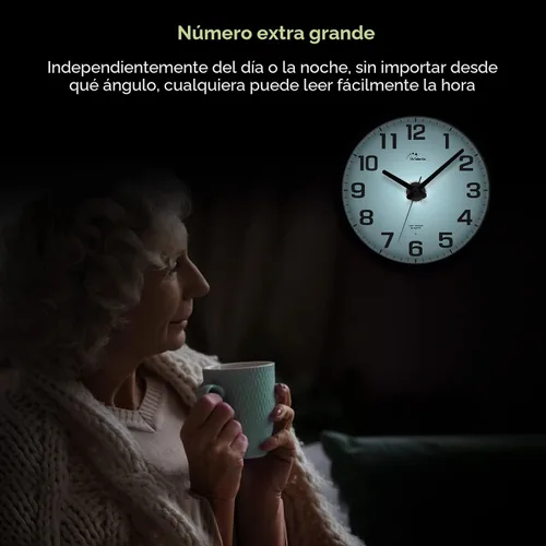 Vista 7 de WallarGe Reloj de pared con luz nocturna para dormitorio, 12 pulgadas Negro
