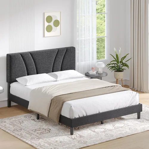 Vista 10 de Novilla Base de cama de tamaño matrimonial con plataforma de cabecera ajustable, base de cama matrimonial con cabecera tapizada de tela de lino,