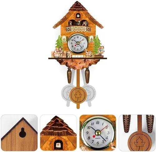 Vista 2 de FITBEST Reloj de cuco tradicional de madera hecho a mano con pájaros, funciona con pilas, reloj de cuarzo de péndulo de pared para decoración