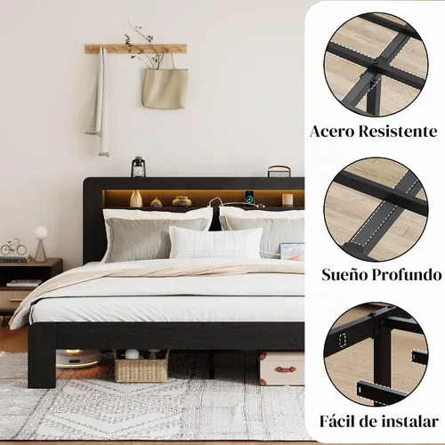 Vista 5 de Marco de Cama de Madera Tamaño Full con Cabecera de Almacenamiento, Marco de Cama de Plataforma Estilo Granja con Estante de Librería y Luces LED
