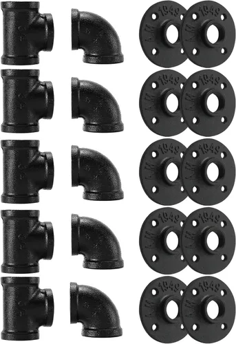 Vista 7 de Accesorio de Tubería Negra de 1", Paquete de 20 Brida de Piso/Codo/T de 1" Combo para Estilo Vintage Industrial, Bridas/Codo/T con Orificio Roscado