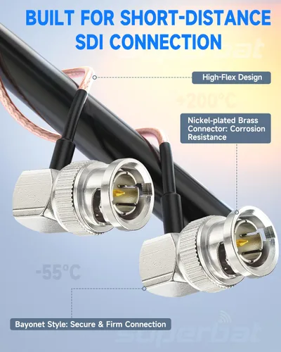 Vista 3 de Superbat HD-SDI 3G SDI Cable 1ft 75 Ohm RG179 BNC Cable de vídeo en ángulo recto Thin Short Low loss Flexible SDI Cable for HD-SDI/3G-SDI/4K/6K