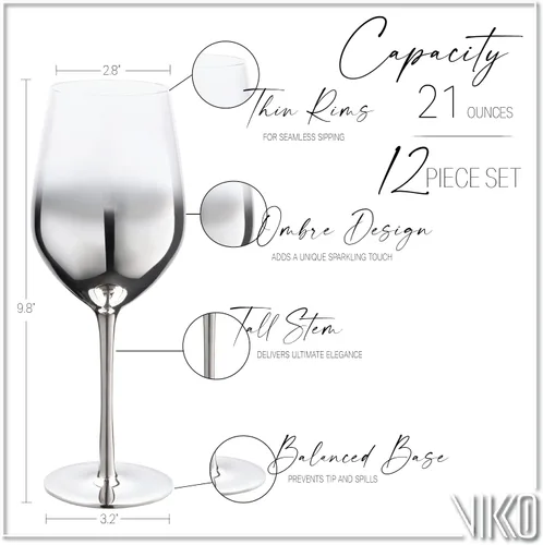 Vista 3 de Vikko Décor - Copas de vino tinto color plateado degradado, vidrio fino, soplado a mano, tallo alto y elegante, apto para lavavajillas, taza de 21