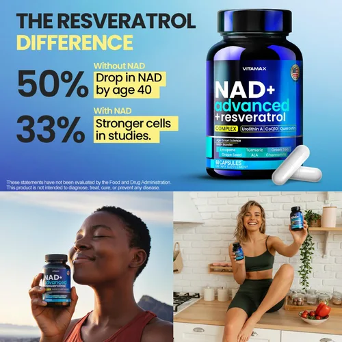 Vista 3 de Suplemento liposomal NAD+ extra fuerte Urolitina A, resveratrol, CoQ10 - Mujeres y hombres - ALA, té verde, quercetina, licopeno Alta pureza