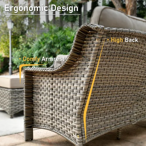 Vista 2 de HOOOWOOO Sofá de patio de 3 plazas de mimbre para exteriores, resistente a todo tipo de clima, con respaldo alto, muebles a juego (beige y bronceado)