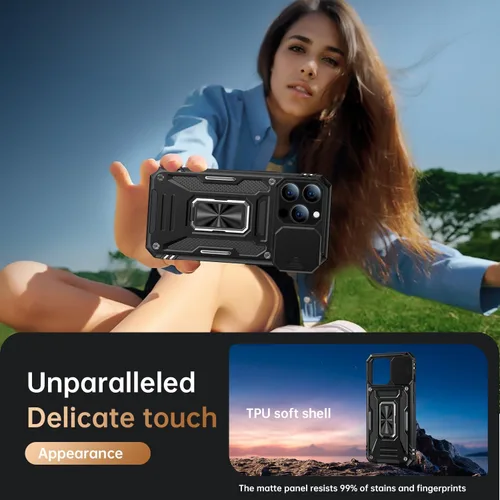 Vista 6 de MERRO Funda para iPhone 13 Pro con protector de pantalla, protección de cámara deslizante, funda resistente de grado militar con soporte magnético