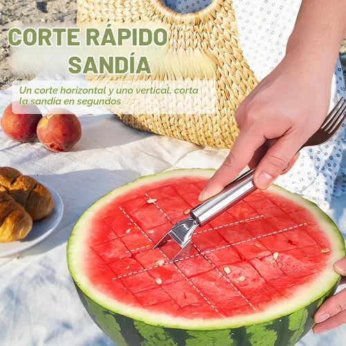 Vista 3 de Cortador de frutas de acero inoxidable 2 en 1, herramienta de corte de tenedor de sandía 2026, herramienta de corte de sandía de verano, herramienta